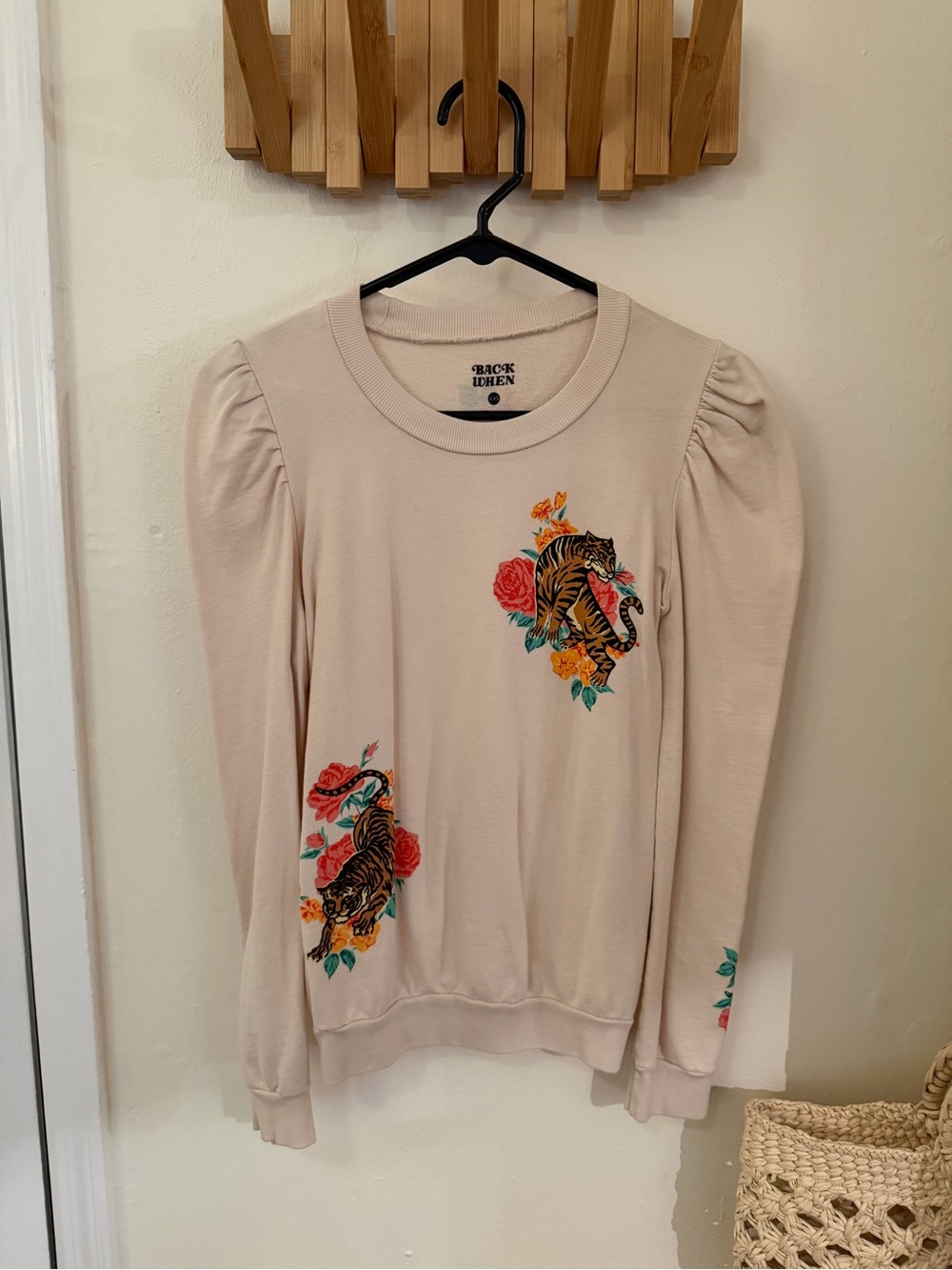 Anthropologie Cream Puff-Sleeve Sweatshirt with Tiger & Floral Embroidery